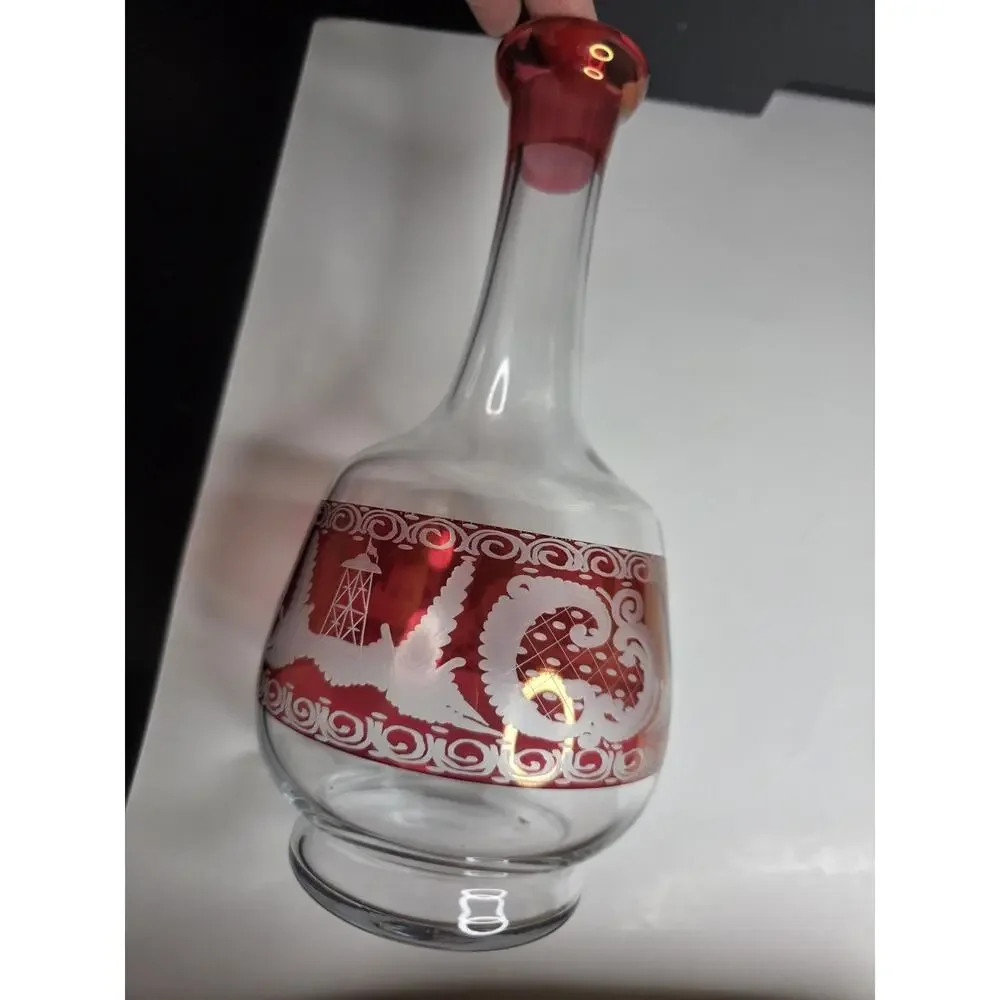 Vintage Bohemian Cranberry Glass Decanter w/ Etched Decoration 12